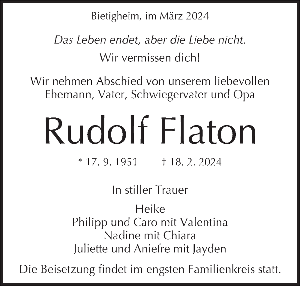  Traueranzeige für Rudolf Flaton vom 30.03.2024 aus Bietigheimer Zeitung