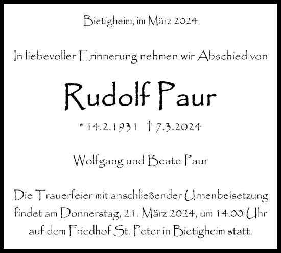 Traueranzeige von Rudolf Paur von Bietigheimer Zeitung