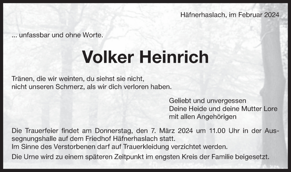  Traueranzeige für Volker Heinrich vom 04.03.2024 aus Bietigheimer Zeitung