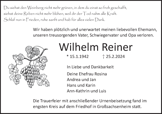 Traueranzeige von Wilhelm Reiner von Bietigheimer Zeitung