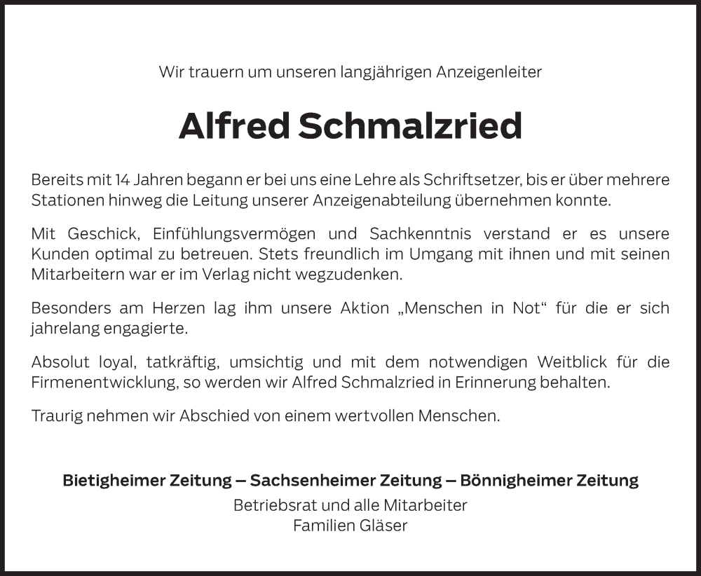  Traueranzeige für Alfred Schmalzried vom 18.04.2024 aus Bietigheimer Zeitung