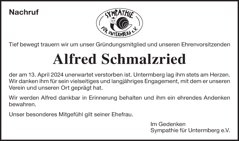  Traueranzeige für Alfred Schmalzried vom 18.04.2024 aus Bietigheimer Zeitung