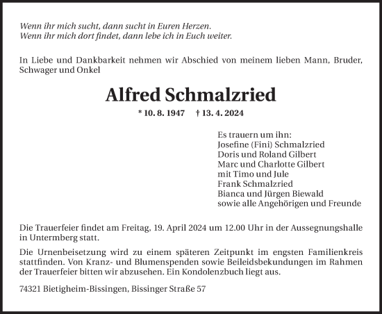 Traueranzeige von Alfred Schmalzried von Bietigheimer Zeitung