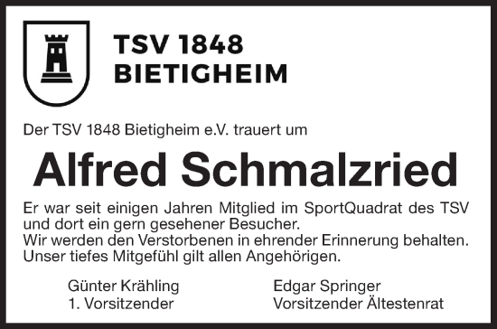 Traueranzeige von Alfred Schmalzried von Bietigheimer Zeitung