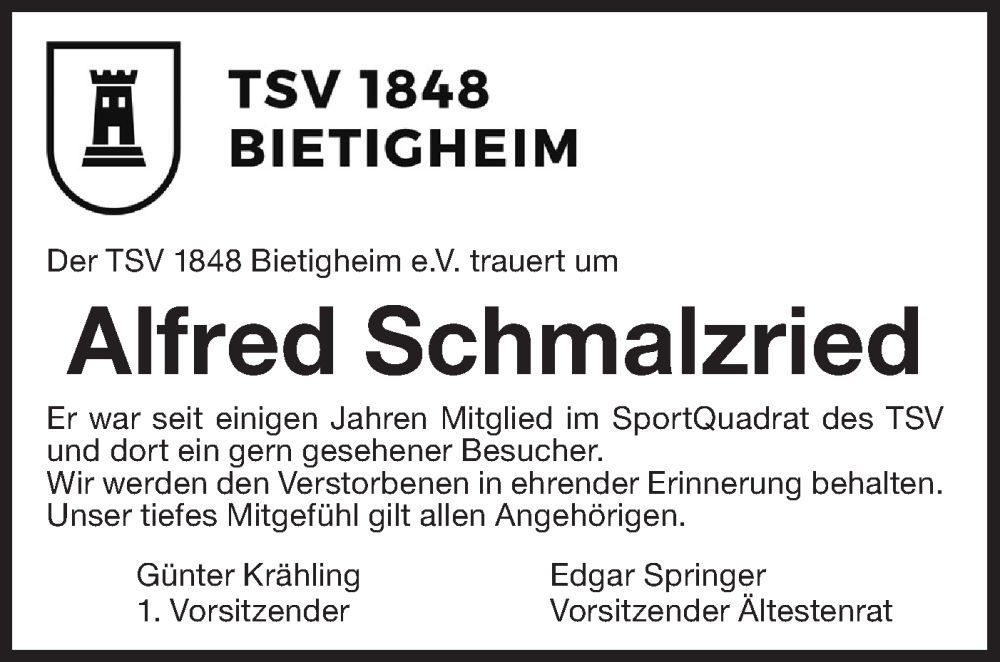  Traueranzeige für Alfred Schmalzried vom 19.04.2024 aus Bietigheimer Zeitung