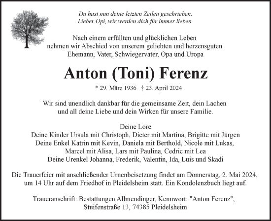 Traueranzeige von Anton  Ferenz von Bietigheimer Zeitung
