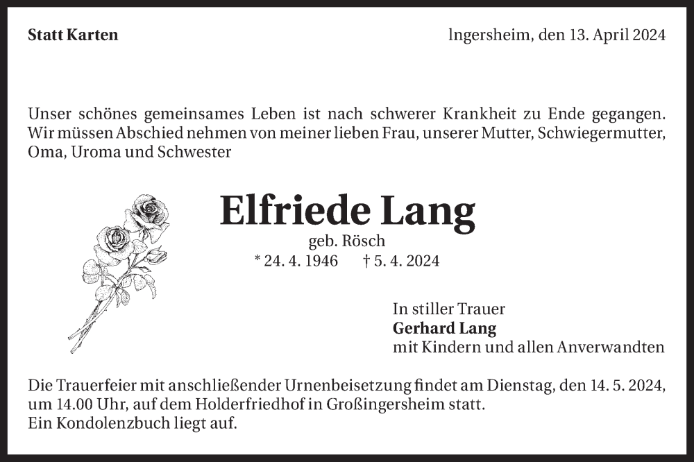  Traueranzeige für Elfriede Lang vom 13.04.2024 aus Bietigheimer Zeitung