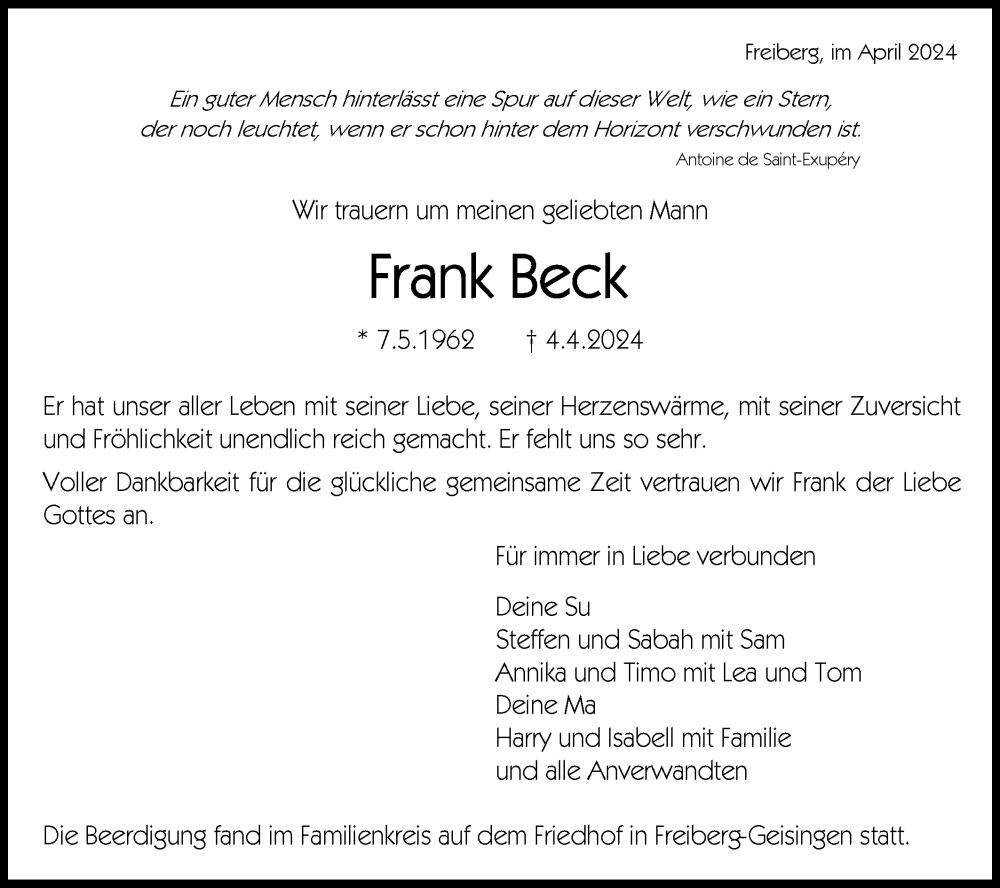  Traueranzeige für Frank Beck vom 18.04.2024 aus Bietigheimer Zeitung
