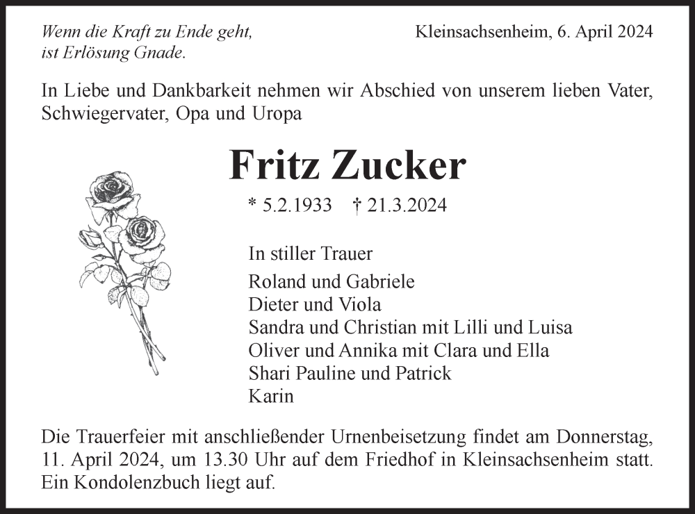  Traueranzeige für Fritz Zucker vom 06.04.2024 aus Bietigheimer Zeitung