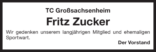 Traueranzeige von Fritz Zucker von Bietigheimer Zeitung