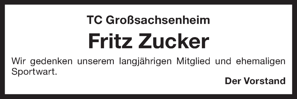  Traueranzeige für Fritz Zucker vom 15.04.2024 aus Bietigheimer Zeitung