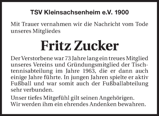 Traueranzeige von Fritz Zucker von Bietigheimer Zeitung