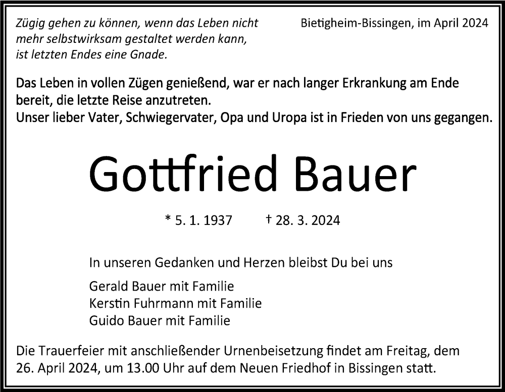  Traueranzeige für Gottfried Bauer vom 18.04.2024 aus Bietigheimer Zeitung