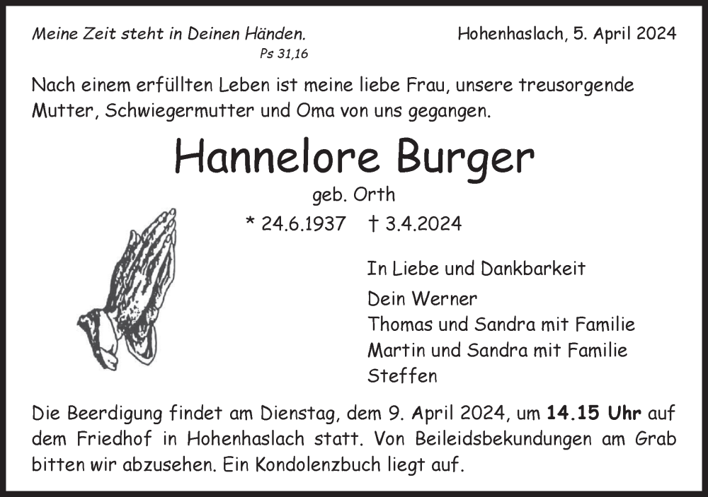  Traueranzeige für Hannelore Burger vom 05.04.2024 aus Bietigheimer Zeitung