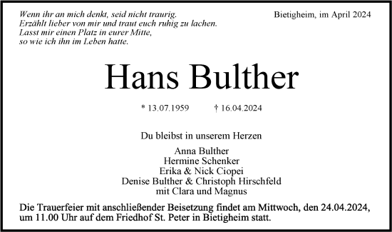 Traueranzeige von Hans Bulther von Bietigheimer Zeitung