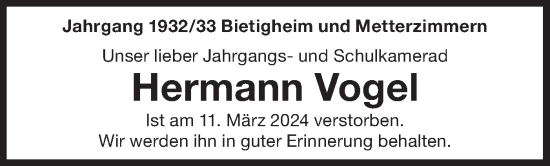 Traueranzeige von Hermann Vogel von Bietigheimer Zeitung