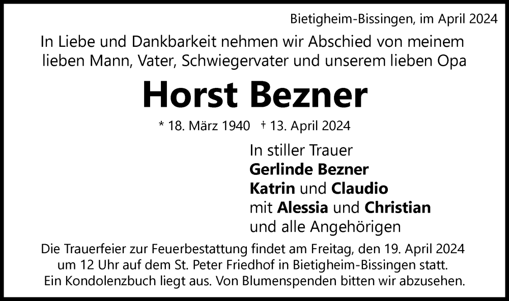  Traueranzeige für Horst Bezner vom 17.04.2024 aus Bietigheimer Zeitung