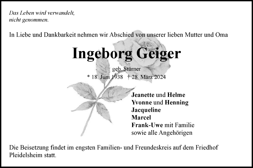  Traueranzeige für Ingeborg Geiger vom 06.04.2024 aus Bietigheimer Zeitung