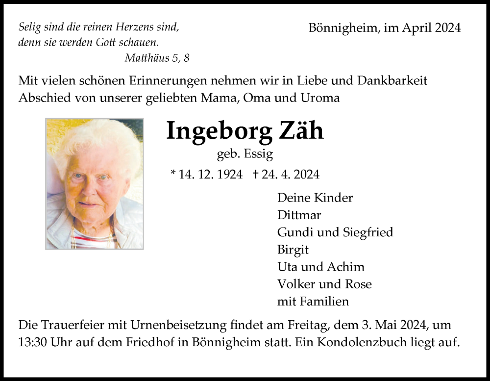  Traueranzeige für Ingeborg Zäh vom 27.04.2024 aus Bietigheimer Zeitung