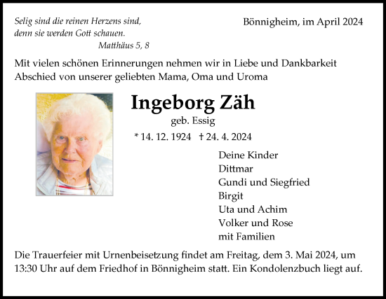 Traueranzeige von Ingeborg Zäh von Bietigheimer Zeitung