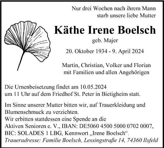 Traueranzeige von Käthe Irene Boelsch von Bietigheimer Zeitung