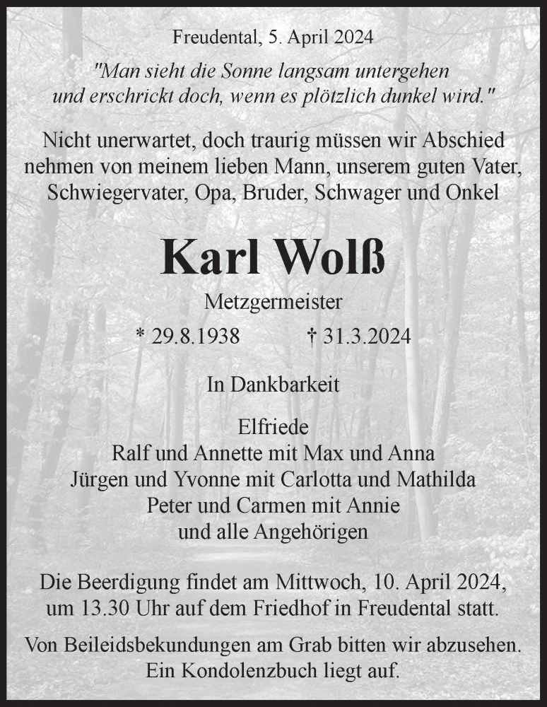  Traueranzeige für Karl Wolß vom 05.04.2024 aus Bietigheimer Zeitung