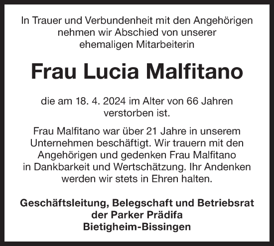 Traueranzeige von Lucia Malfitano von Bietigheimer Zeitung