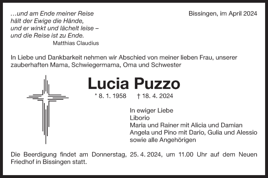 Traueranzeige von Lucia Puzzo von Bietigheimer Zeitung