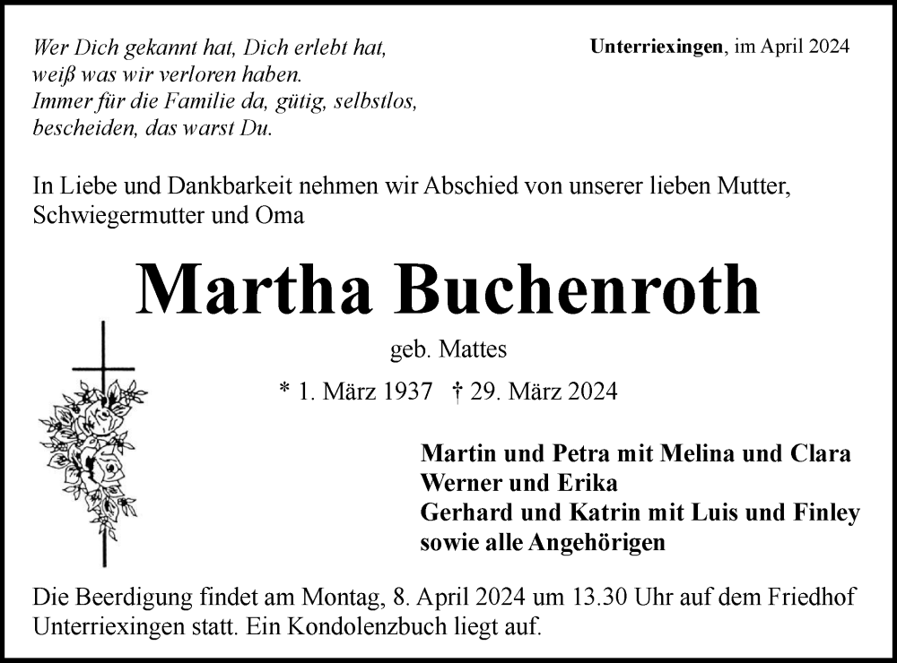  Traueranzeige für Martha Buchenroth vom 04.04.2024 aus Bietigheimer Zeitung