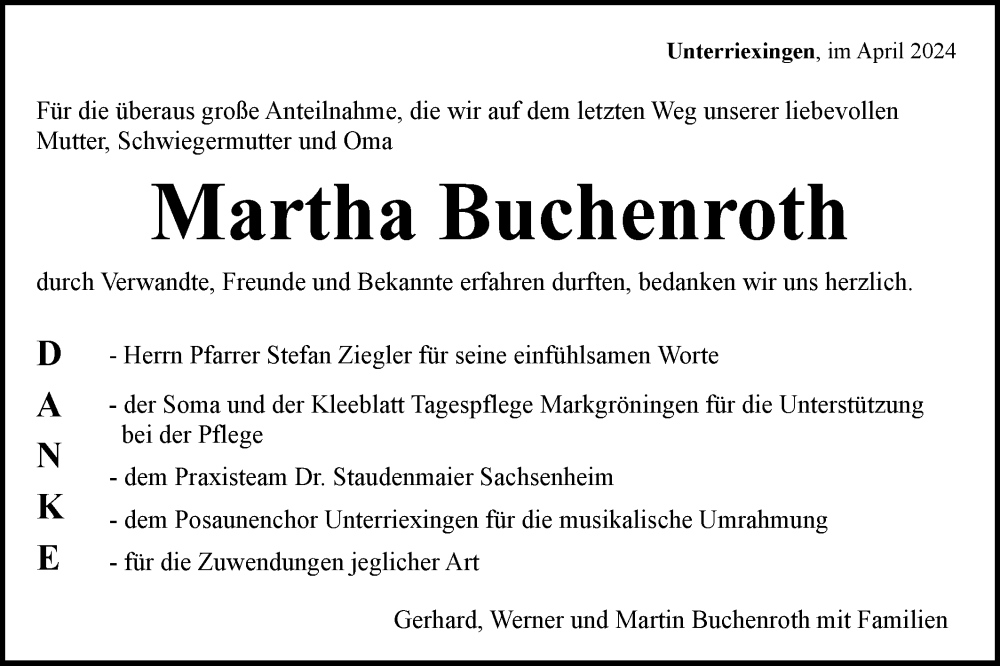  Traueranzeige für Martha Buchenroth vom 24.04.2024 aus Bietigheimer Zeitung