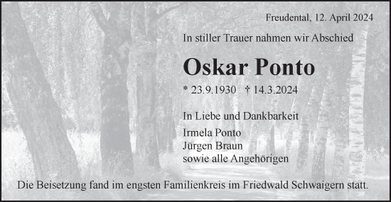 Traueranzeige von Oskar Ponto von Bietigheimer Zeitung