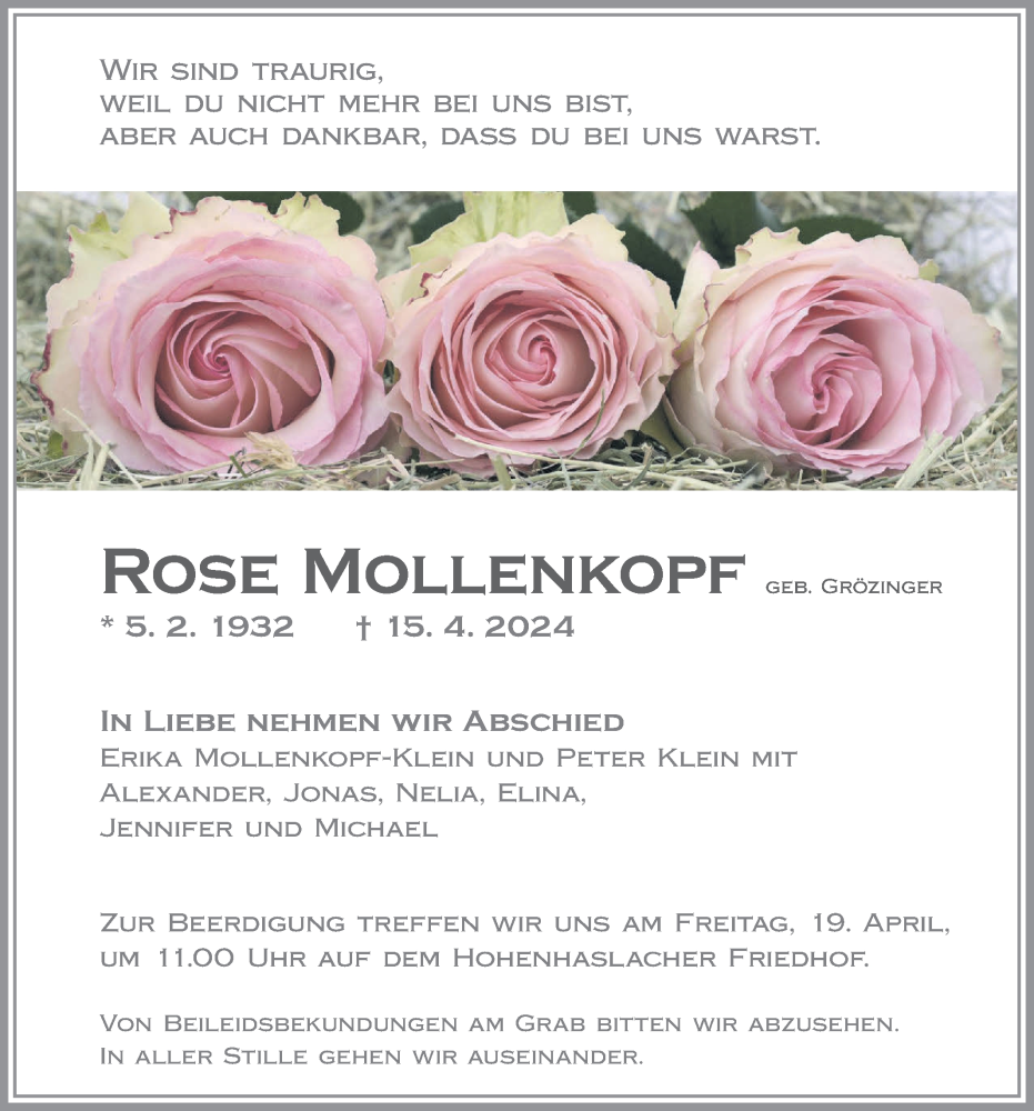 Traueranzeige für Rose Mollenkopf vom 17.04.2024 aus Bietigheimer Zeitung