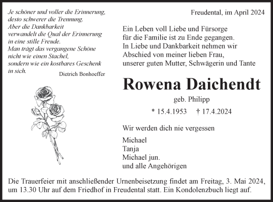 Traueranzeige von Rowena Daichendt von Bietigheimer Zeitung