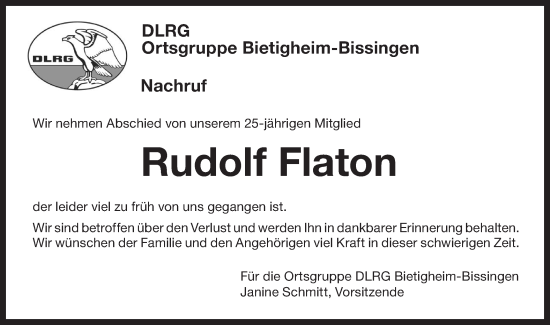 Traueranzeige von Rudolf Flaton von Bietigheimer Zeitung