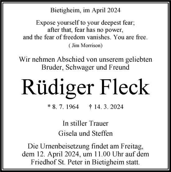Traueranzeige von Rüdiger Fleck von Bietigheimer Zeitung