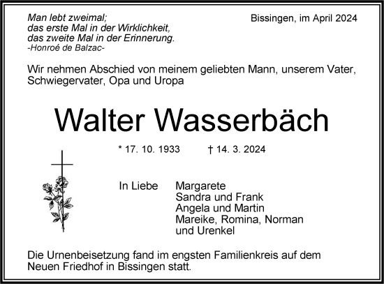 Traueranzeige von Walter Wasserbäch von Bietigheimer Zeitung