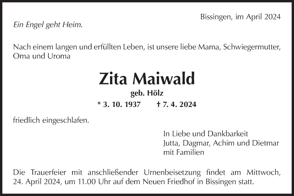  Traueranzeige für Zita Maiwald vom 20.04.2024 aus Bietigheimer Zeitung