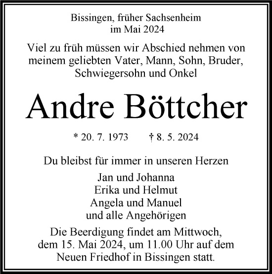 Traueranzeige von Andre Böttcher von Bietigheimer Zeitung