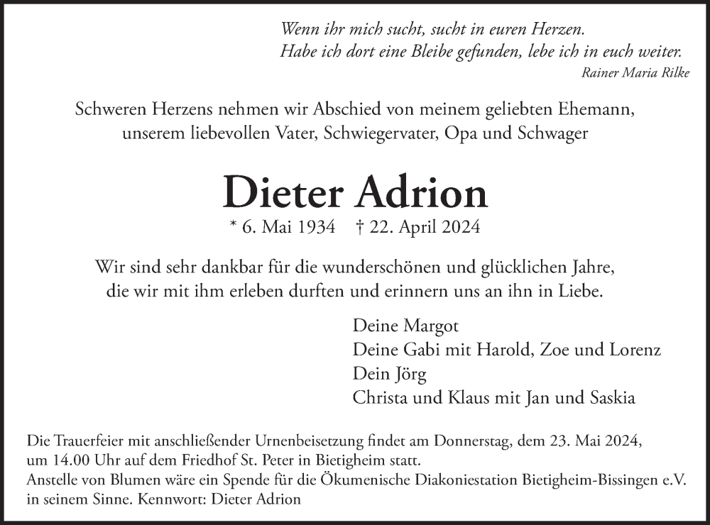  Traueranzeige für Dieter Adrion vom 11.05.2024 aus Bietigheimer Zeitung
