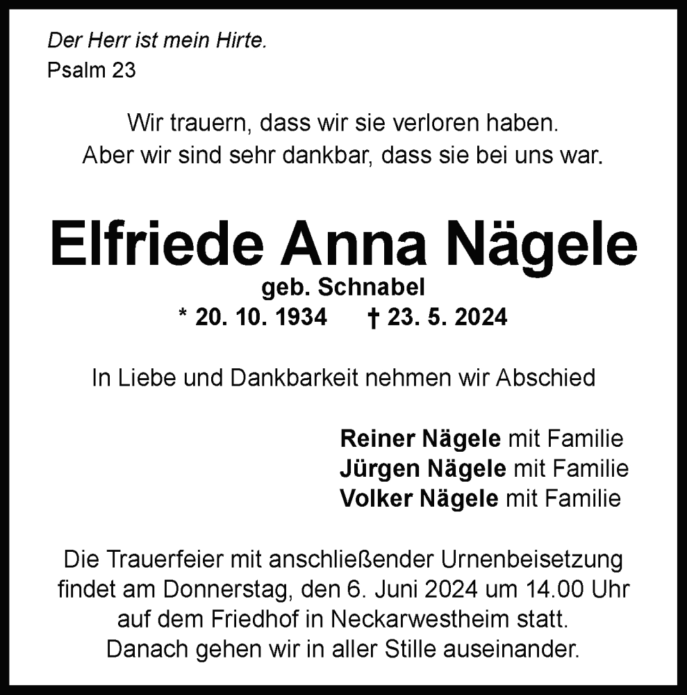  Traueranzeige für Elfriede Anna Nägele vom 01.06.2024 aus Bietigheimer Zeitung