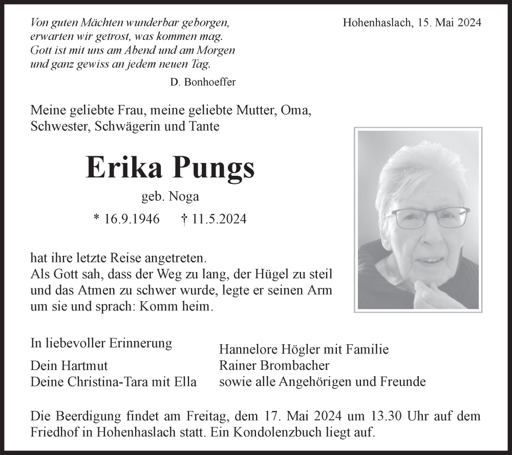  Traueranzeige für Erika Pungs vom 15.05.2024 aus Bietigheimer Zeitung
