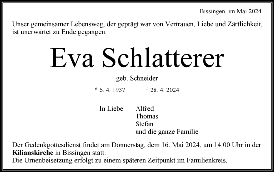 Traueranzeige von Eva Schlatterer von Bietigheimer Zeitung