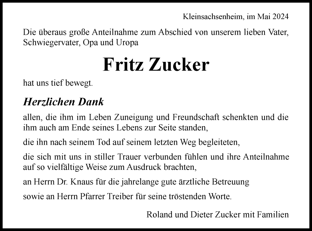  Traueranzeige für Fritz Zucker vom 11.05.2024 aus Bietigheimer Zeitung