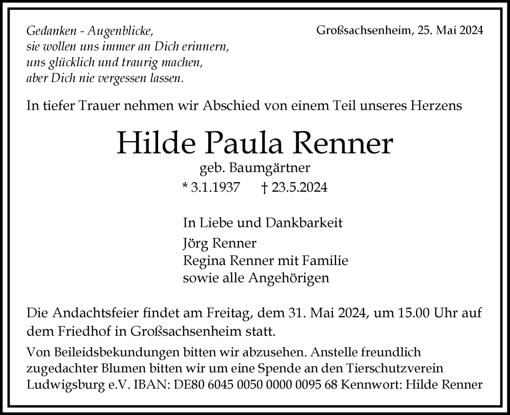  Traueranzeige für Hilde Paula Renner vom 27.05.2024 aus Bietigheimer Zeitung