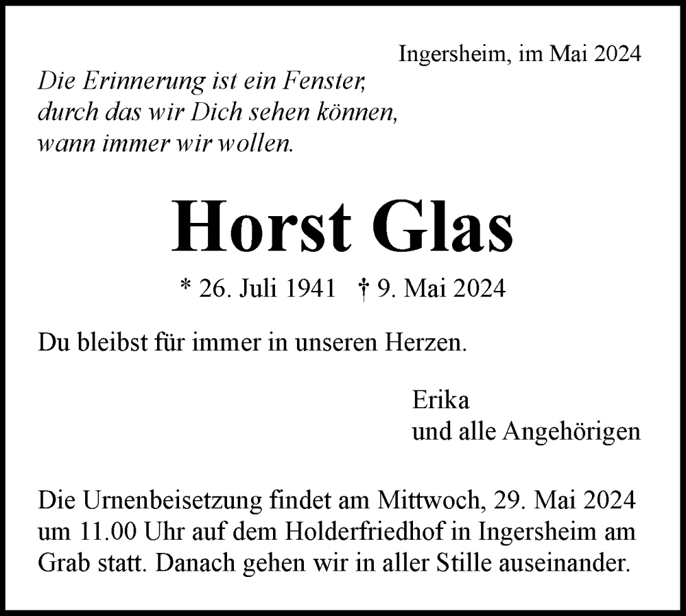  Traueranzeige für Horst Glas vom 25.05.2024 aus Bietigheimer Zeitung