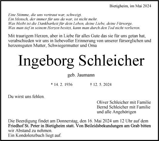 Traueranzeige von Ingeborg Schleicher von Bietigheimer Zeitung