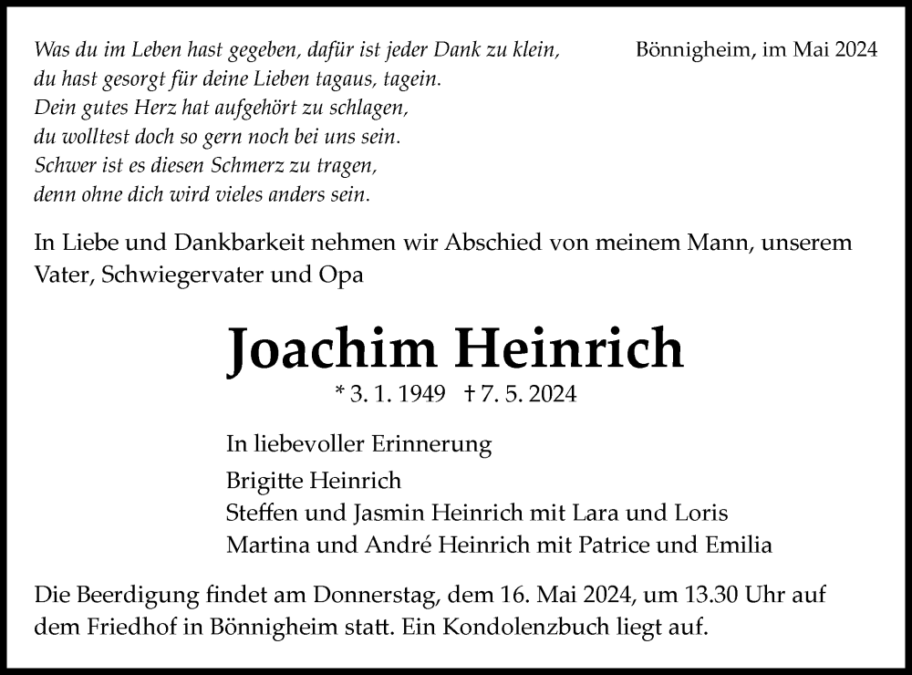  Traueranzeige für Joachim Heinrich vom 11.05.2024 aus Bietigheimer Zeitung