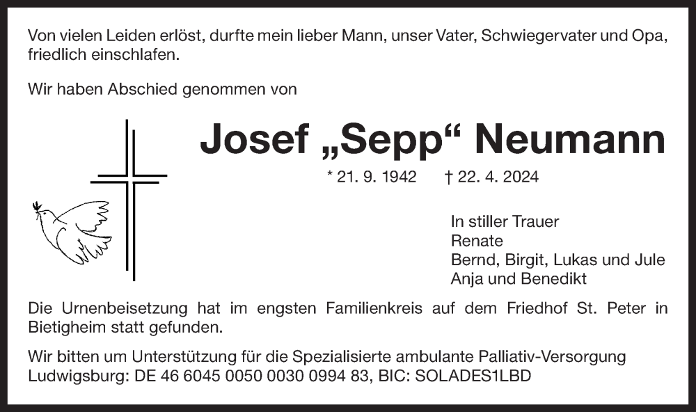  Traueranzeige für Josef  Neumann vom 11.05.2024 aus Bietigheimer Zeitung
