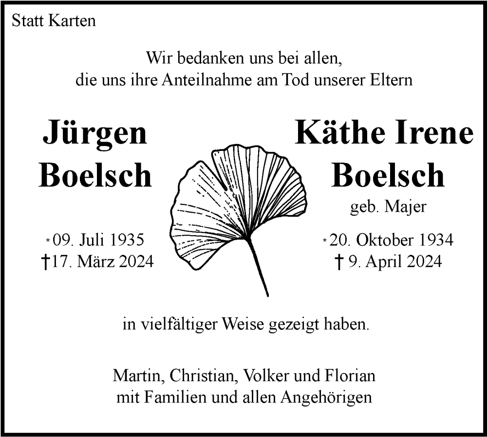  Traueranzeige für Käthe Irene Boelsch vom 18.05.2024 aus Bietigheimer Zeitung