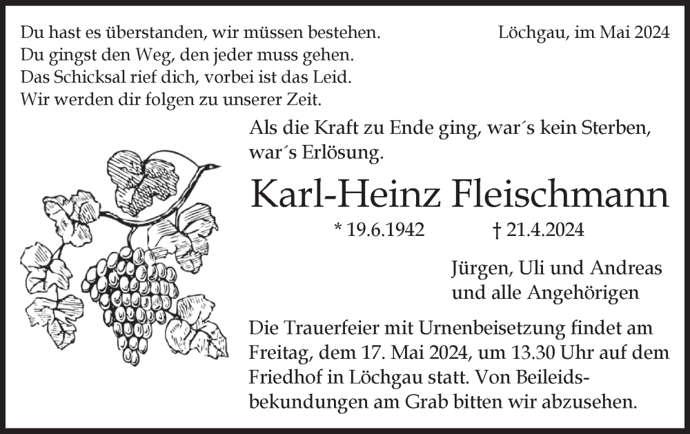 Traueranzeige für Karl-Heinz Fleischmann vom 11.05.2024 aus Bietigheimer Zeitung